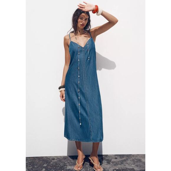 Zara Denim Maxi Dress Spaghetti Strap Large A-line Party Boho - Picture 1 of 10